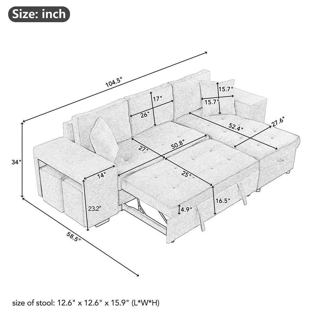 104.5 Reversible Sleeper Sectional, Chaise and 2 Stools, Storage