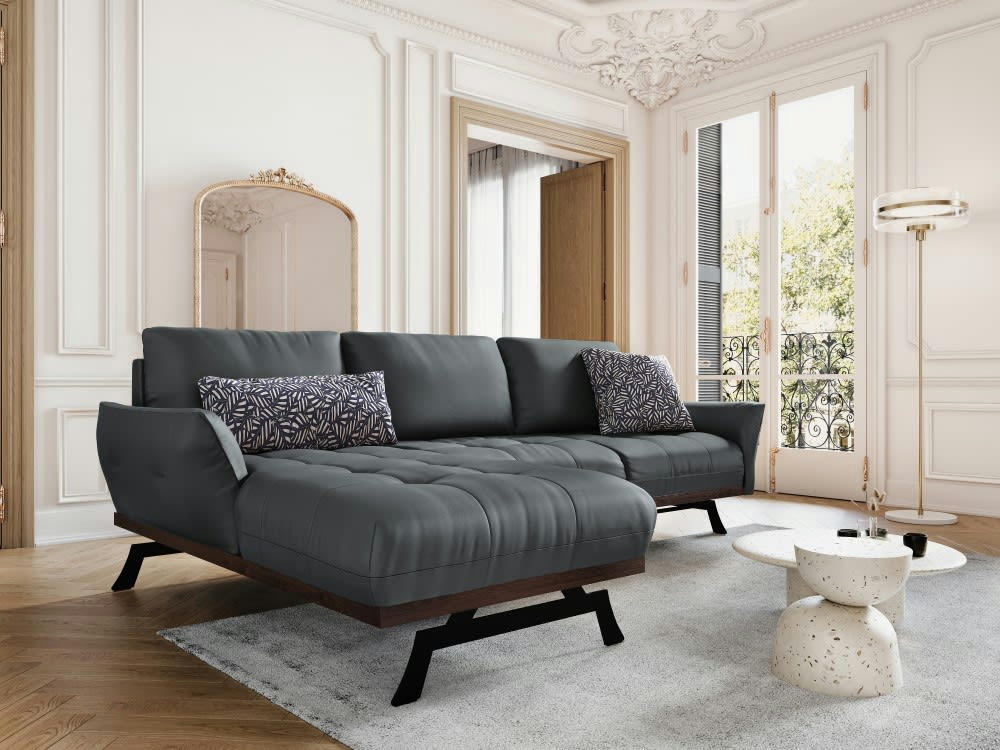 OLIVIER - Canapé d'angle 4 places en cuir bleu gris