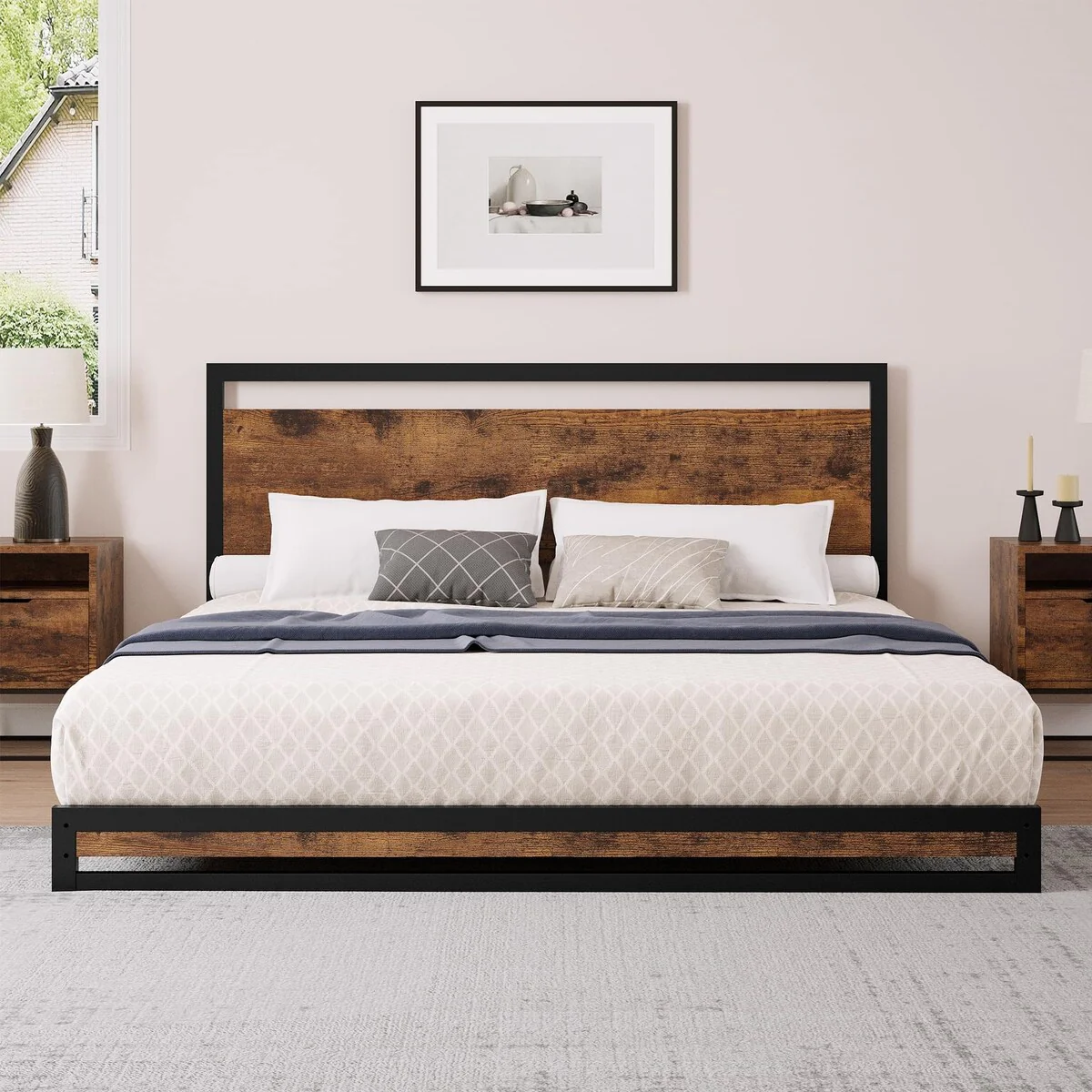 Metal Platform Bed Frame with Wooden Headboard and Footboard