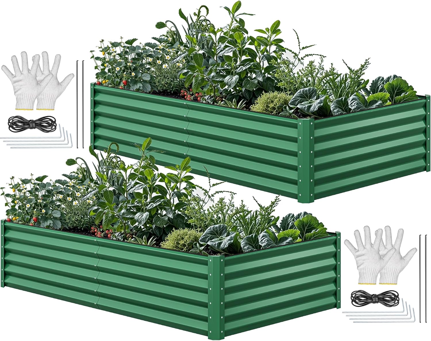 8x4x2ft 2pcs Large Raised Garden Bed Kit, Galvanized Metal Planter Box with Gloves, Ground Nails  Safety Rubber, Outdoor Above Ground Planters for Plants Vegetables Flowers, Green(Green/8x4x2ft 2pcs)