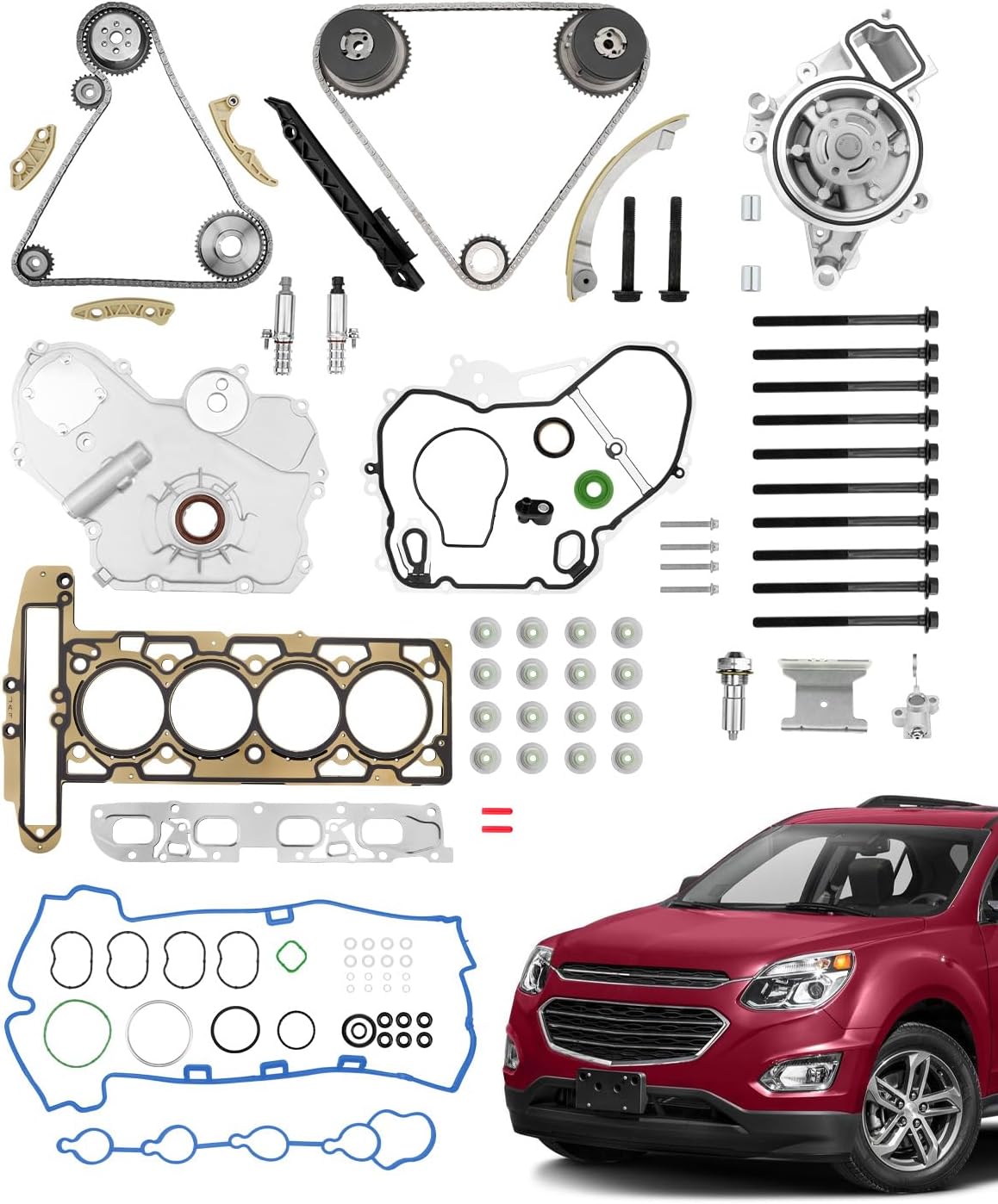 Timing Chain Kit & Head Gasket Set & Oil / Water Pumps 2.4 L, Compatible with 2009-2017 GMC Terrain, Chevy Equinox/Malibu, Buick Regal Engine, # HS26517PT, 9-4201SX, w/ Head Bolts, Sprocket Tensioner