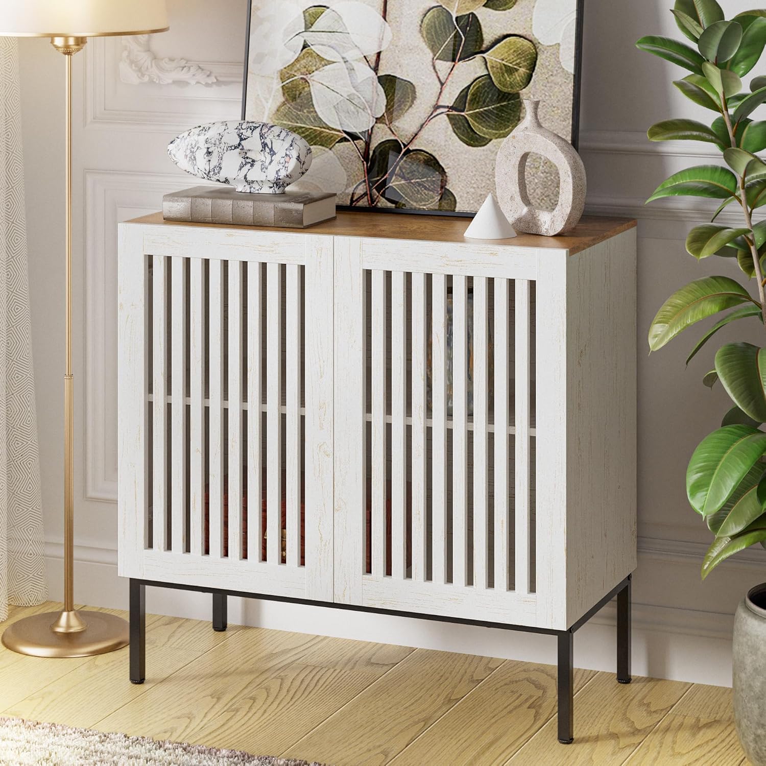 BVIUNTWO 31.5 Farmhouse Buffet Cabinet with Metal Base, Adjustable Shelf & 2 Doors, Antique White Storage Sideboard for Kitchen, Dining & Living Room