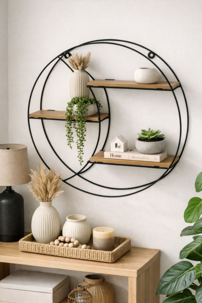 Półka ścienna metalowa z MDF czarna okrągła 44 cm