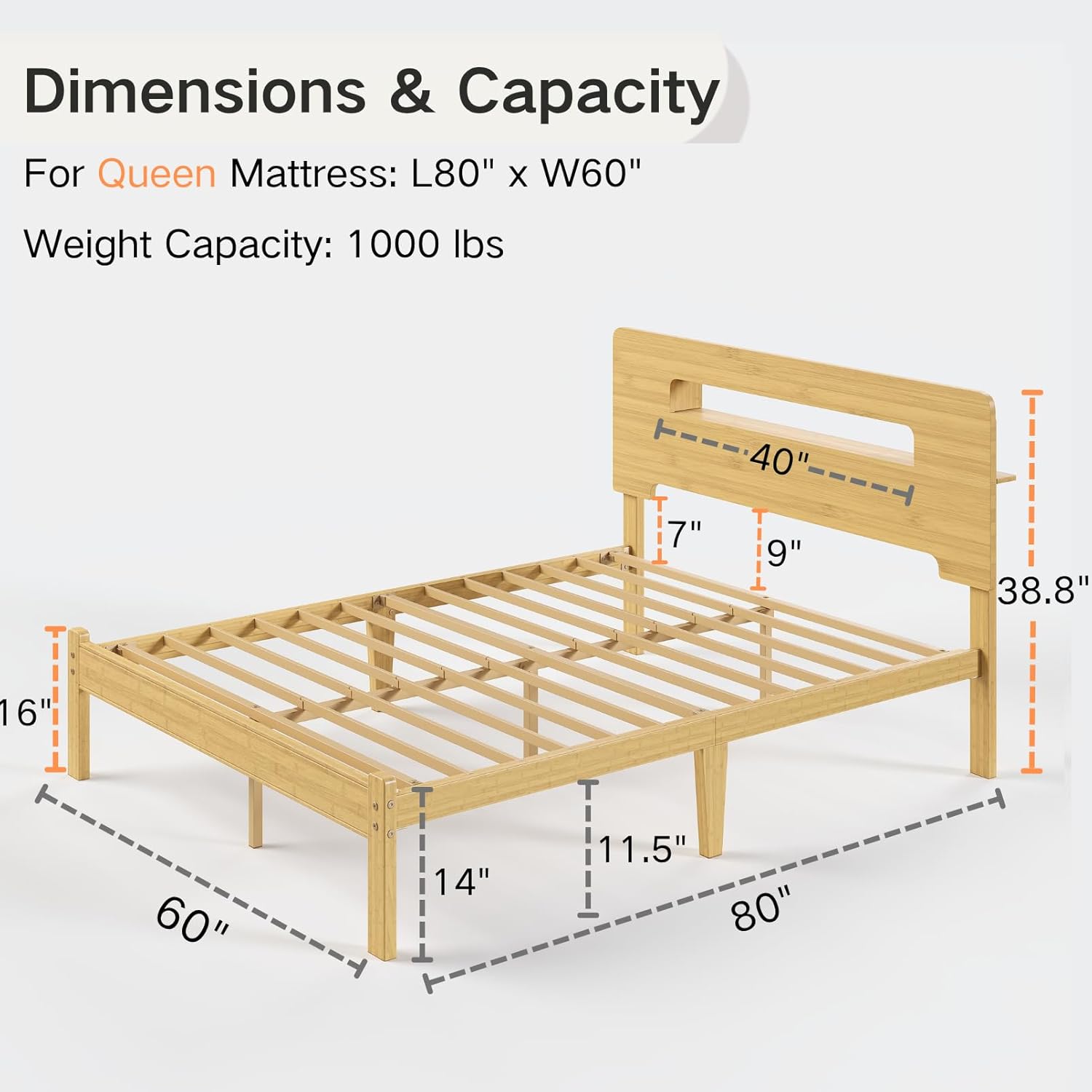 COMASACH Bamboo Wood Queen Bed Frame with Storage Headboard,14 Inch High Solid Queen Size Bed Frame, Metal Slats Support, Heavy Duty, No Box Spring Needed
