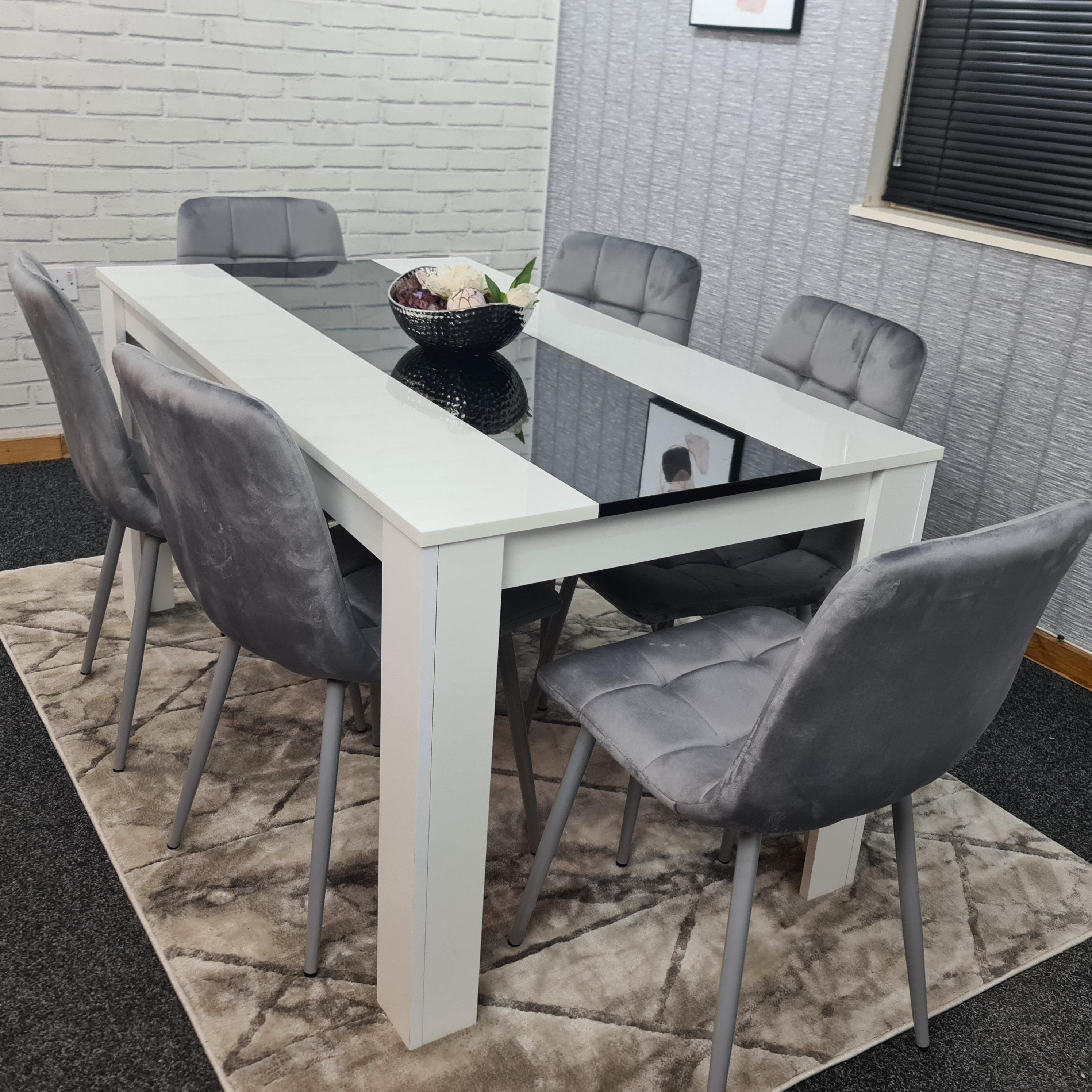 KOSY KOALA Modern White And Black Dining Table Set With 6 Grey Velvet Chairs Dining Room Furniture