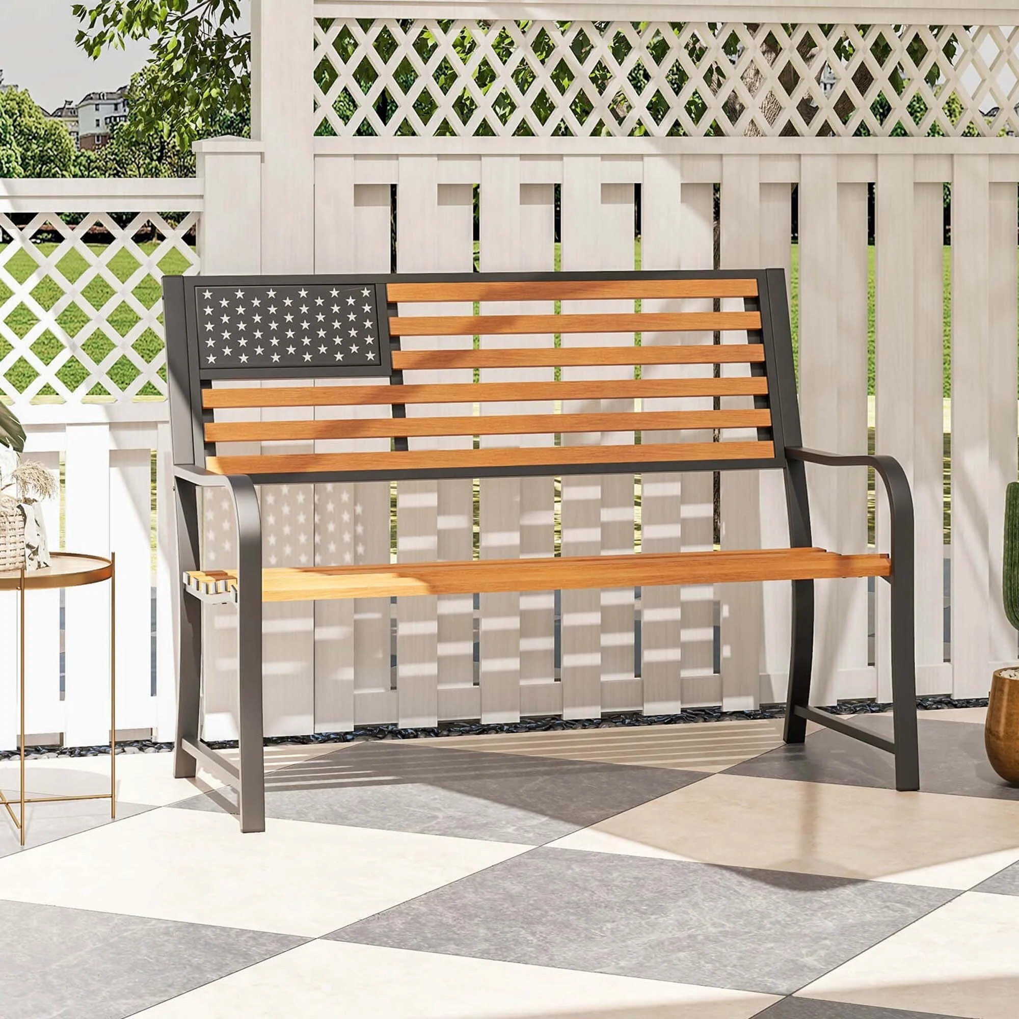 Costway 50 Outdoor Garden Bench with Flag Pattern Backrest & Rustic - See Details