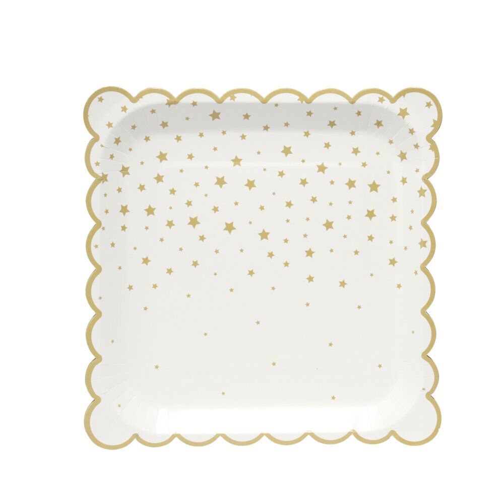 Assiette en papier X8 pcs carré bord festonné imprimé étoile 23X23XH1,5 cm blanc et doré