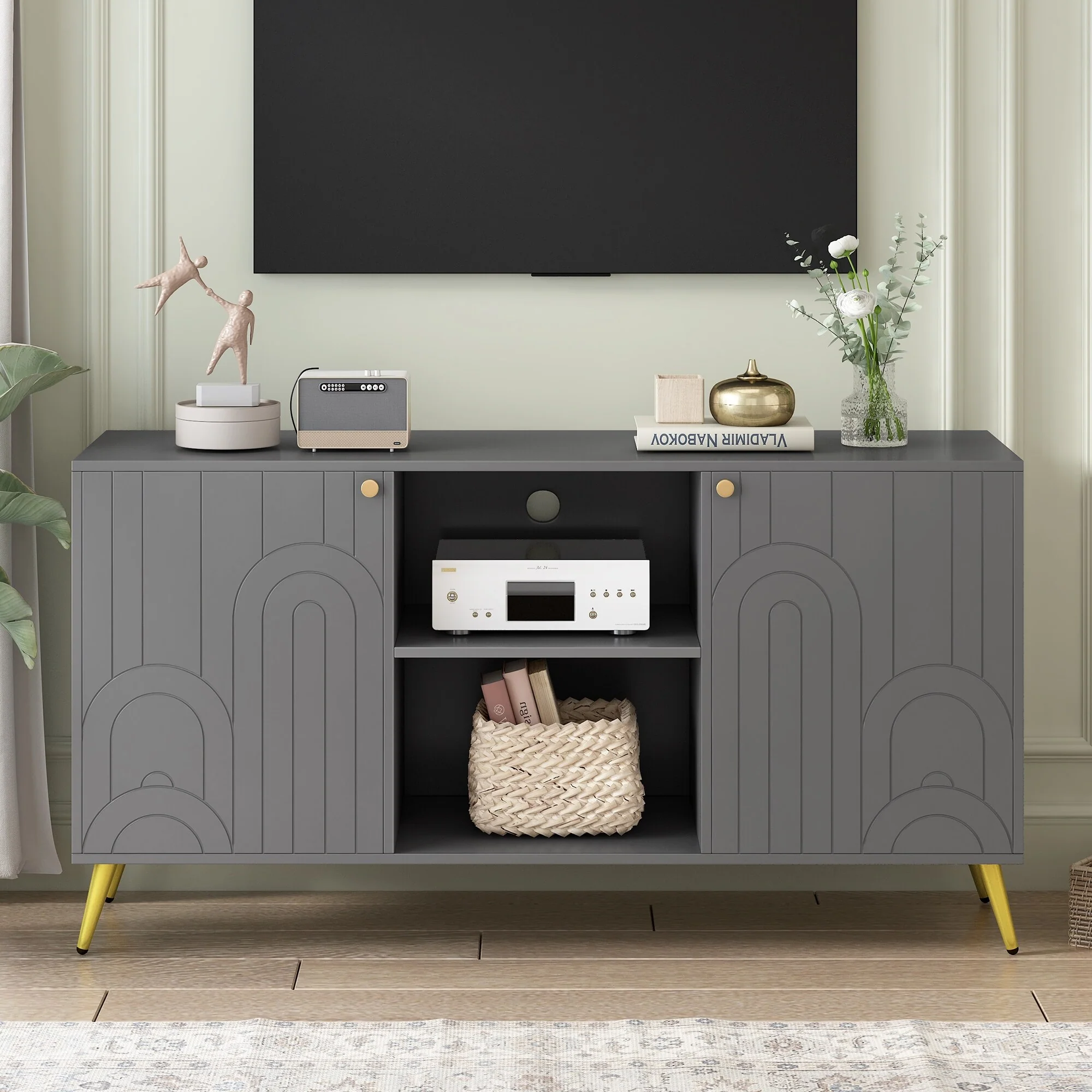 Wood TV Storage Console for TVs up to 55 Media TV Console Table w/ 2 Cabinets Modern Entertainment Center for Living Room
