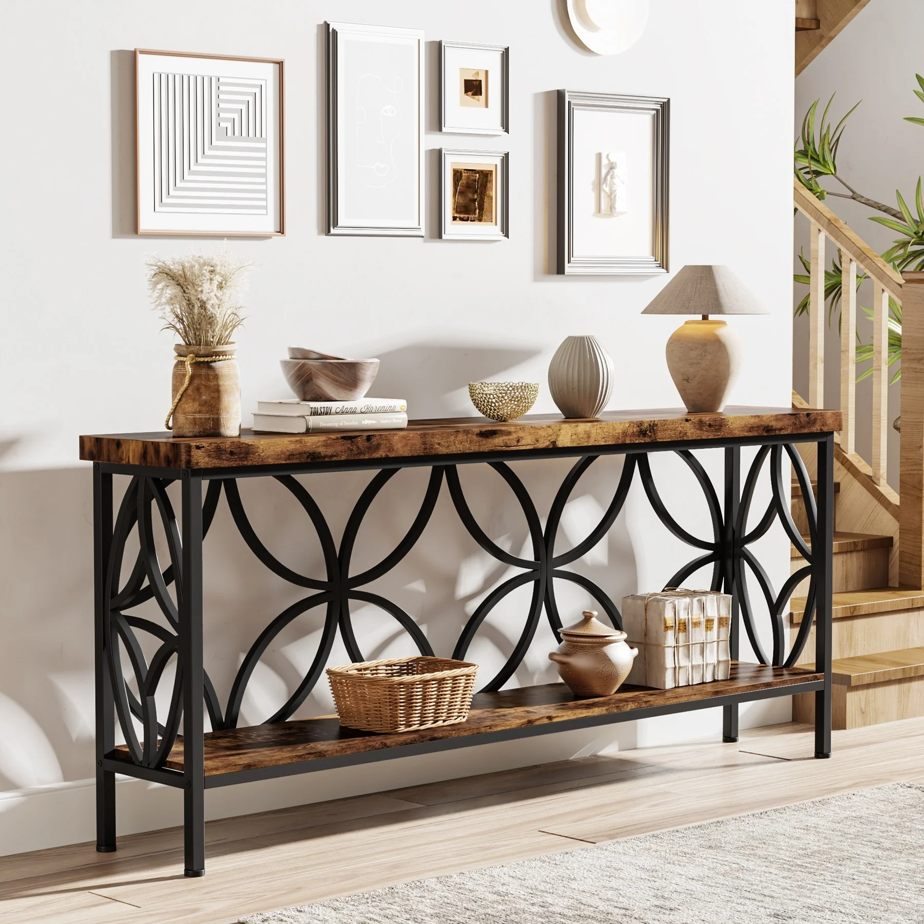 70.9 Inch Long Sofa Table, Industrial Console Table - 70.9 L × 11.8 W × 31.9 H