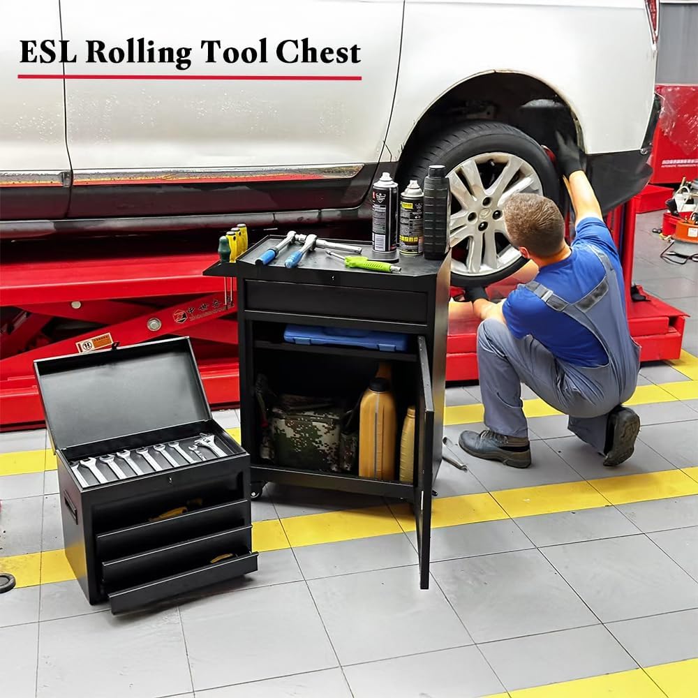 ESL Rolling Tool Chest, 5 Drawers with Big Cabinet, Tool Trolley with 4 Universal Lockable Wheels and Lock Bar, Great Black Tool Cart for Garage Workshop, Sturdy Heavy Duty Tool Storage, Easy Assemble