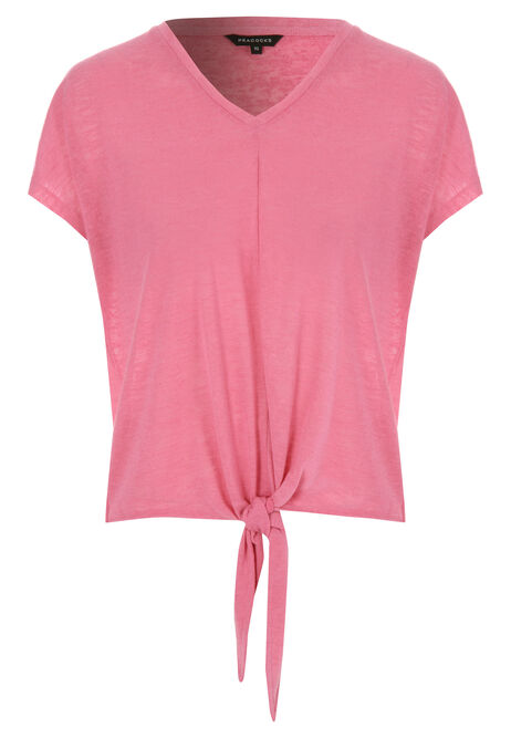 Womens Pink Front Knot V-Neck T-Shirt