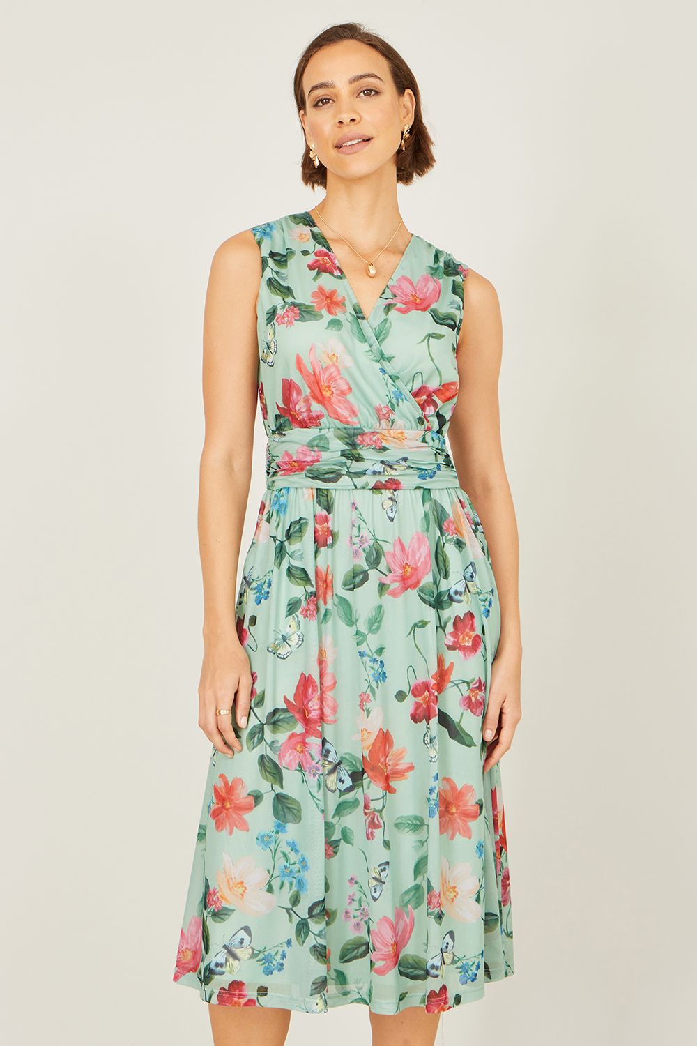 Yumi Blurred Floral Mesh Wrap Midi Dress