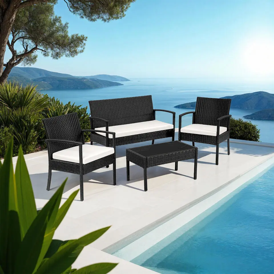 tectake - loungeset 3 1 - wicker - zwart