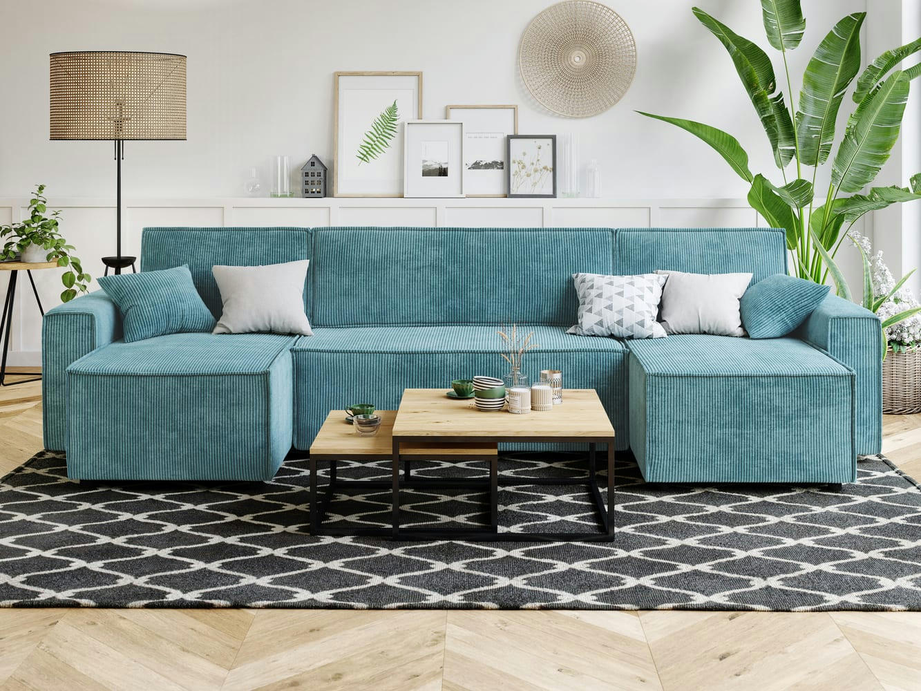MIRA - Canapé panoramique convertible en velours côtelé 6 places bleu