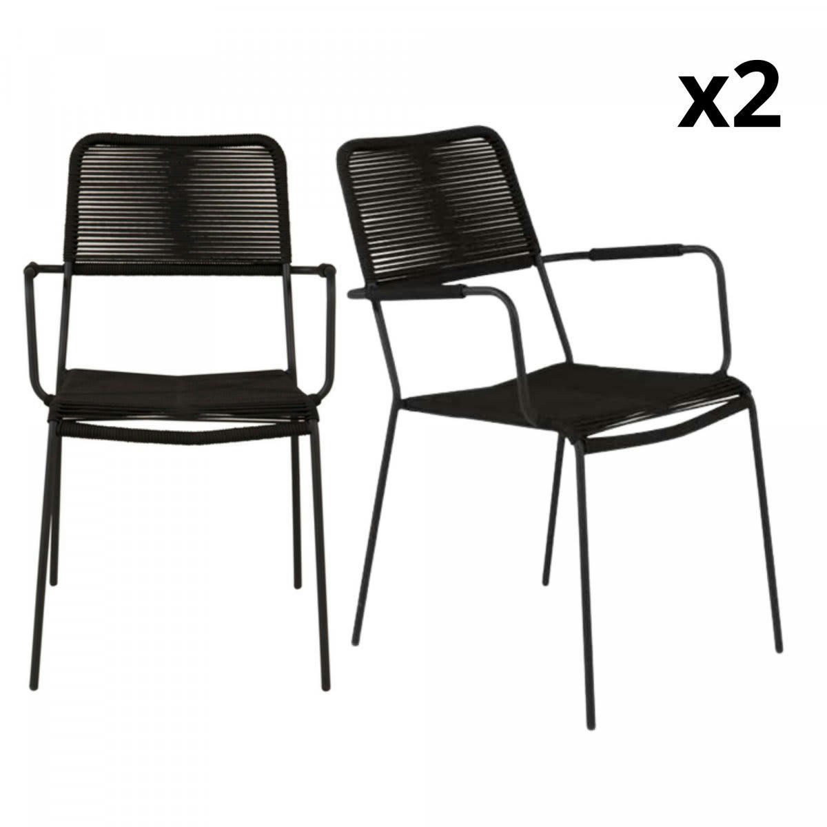 KENNA - Lot de 2 chaises de jardin en métal et corde noir
