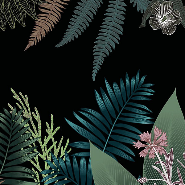 Crédence pour salle de bain en PVC jungle floral noir 140x30 cm (en 2 bandeaux)