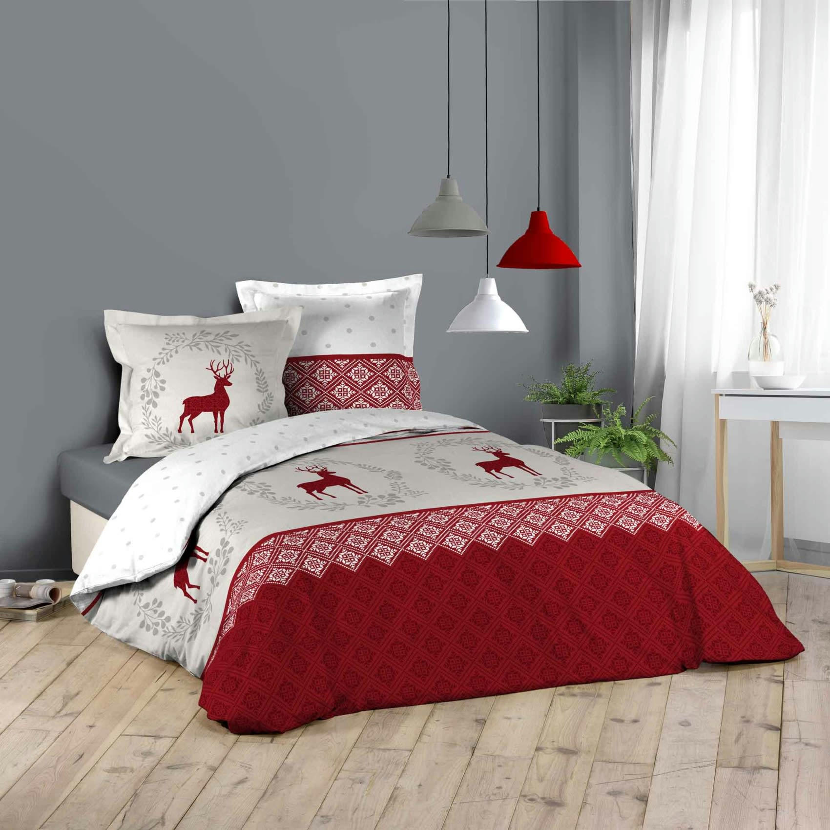 - Parure de lit esprit chalet de montagne coton rouge 240x220 cm