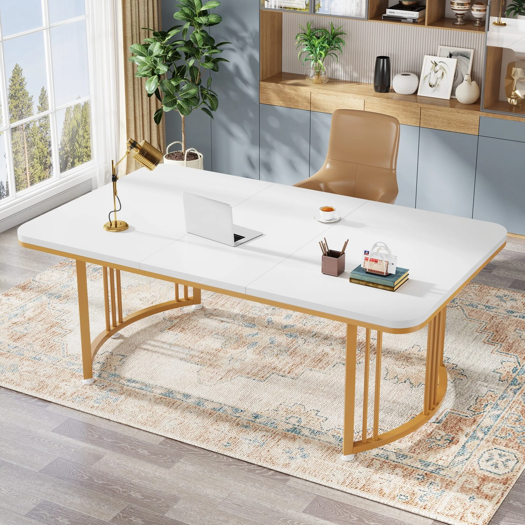 63 Modern White Office Desk Executive Desk, Large Computer Desk with Gold Metal Base