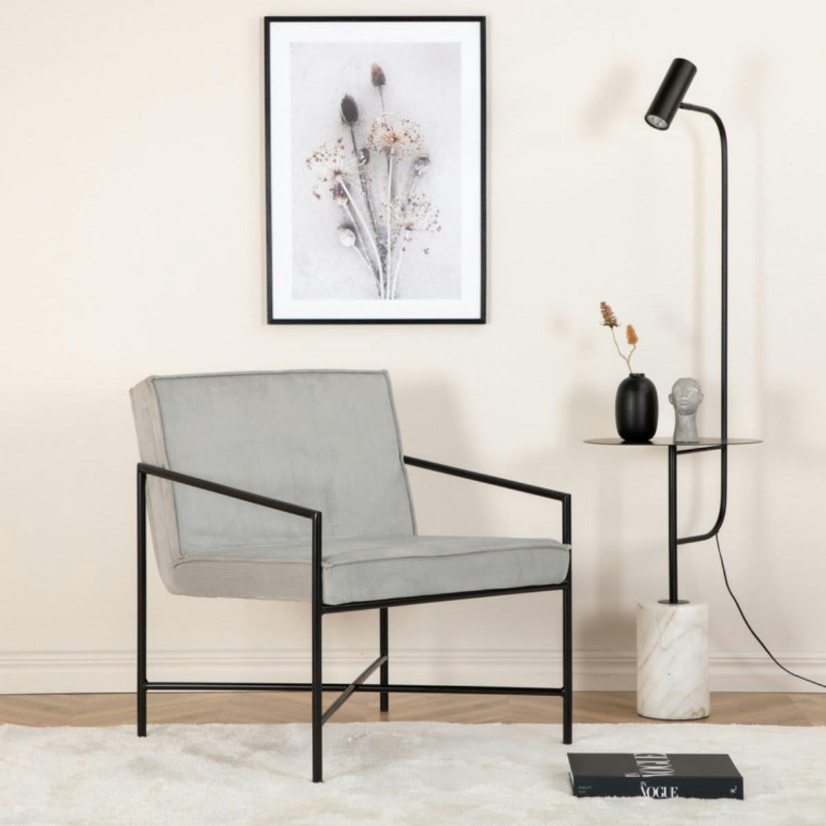 RAPHAEL - Fauteuil minimaliste en velours côtelé et métal noir