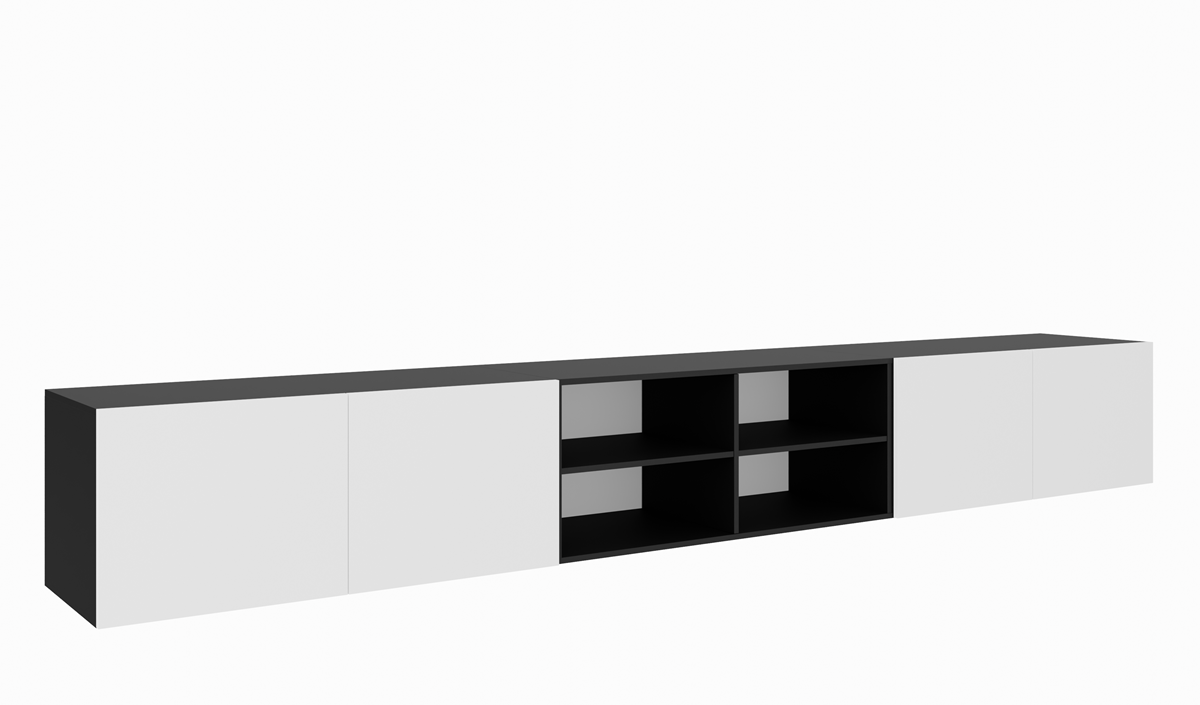 Szafka RTV LION 300 cm otwarta z półkami, do salonu -czarny   biały