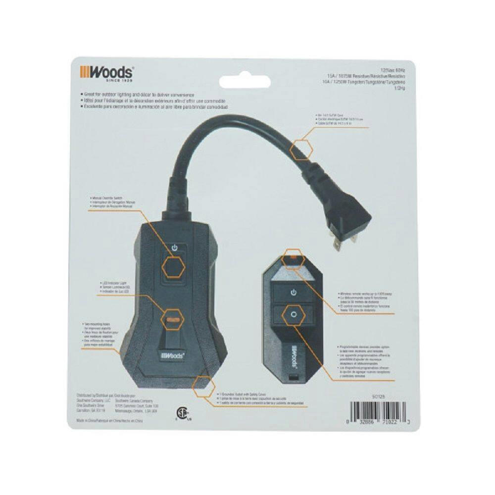 Woods Outdoor Wireless Remote Control with Grounded Outlet