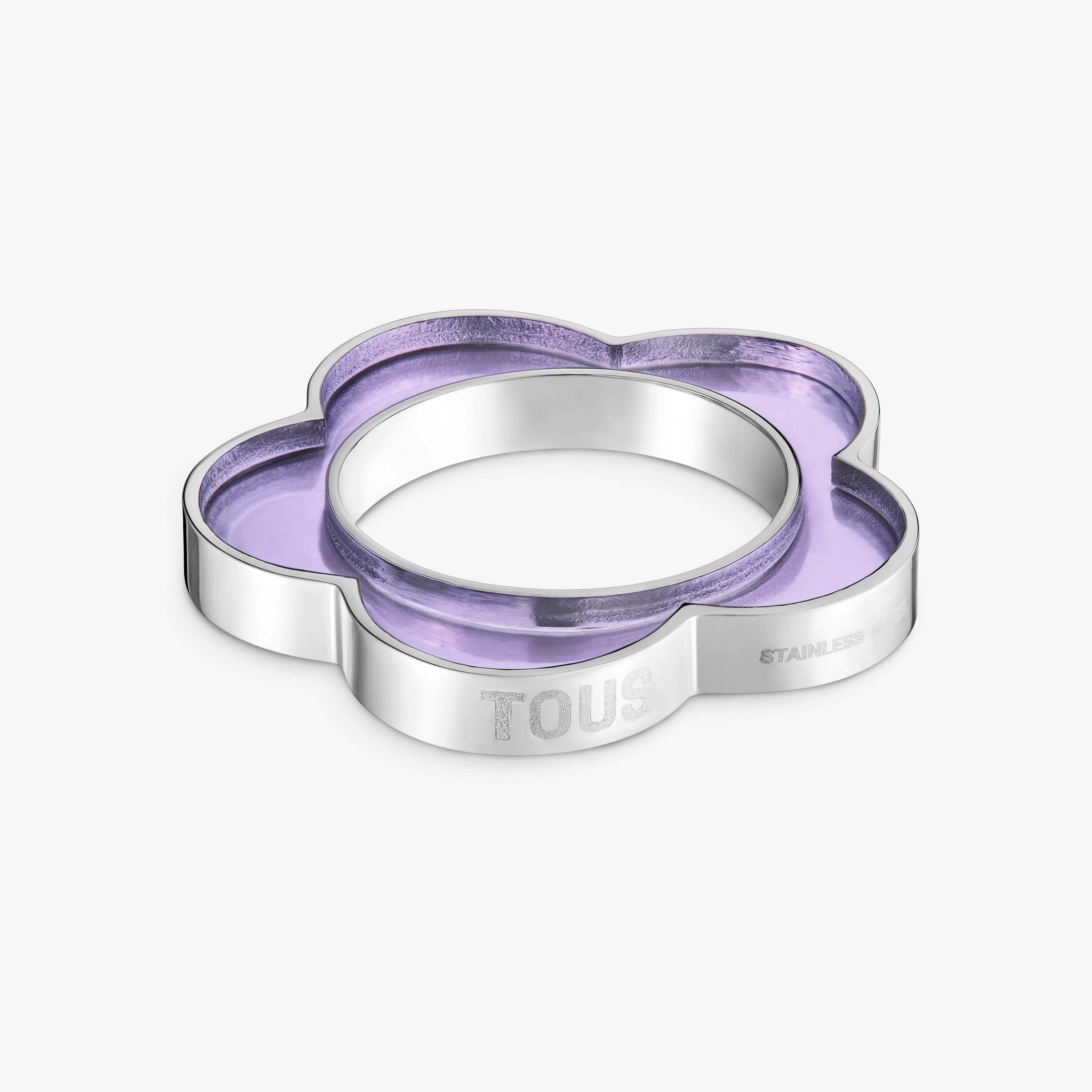 Anillo flor de acero y resina lila Galaxy