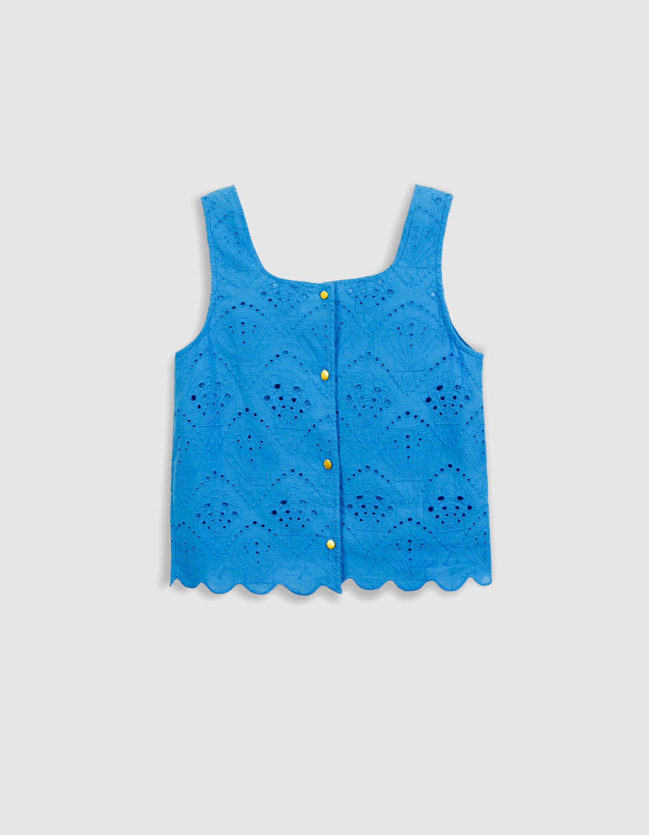 Top sans manches bleu broderie anglaise Femme