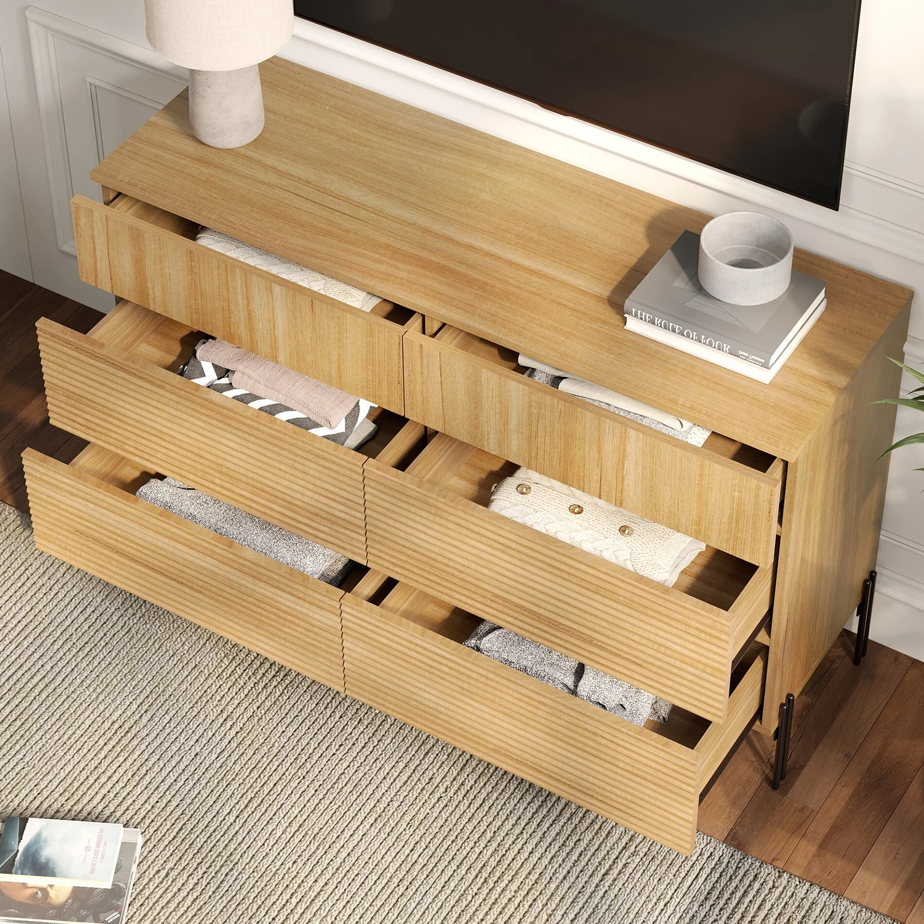 WAMPAT Minimalist 6-Drawer 47.2 W Rectangular Dresser With Reeded Details And Double-Stick Leg Design - Oak
