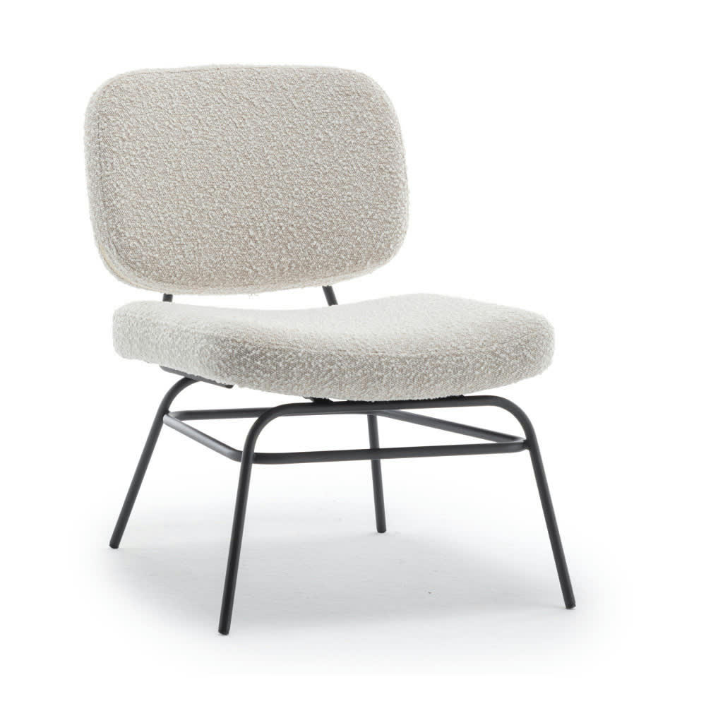 VLAKE - Fauteuil lounge en métal et tissu bouclette ecru
