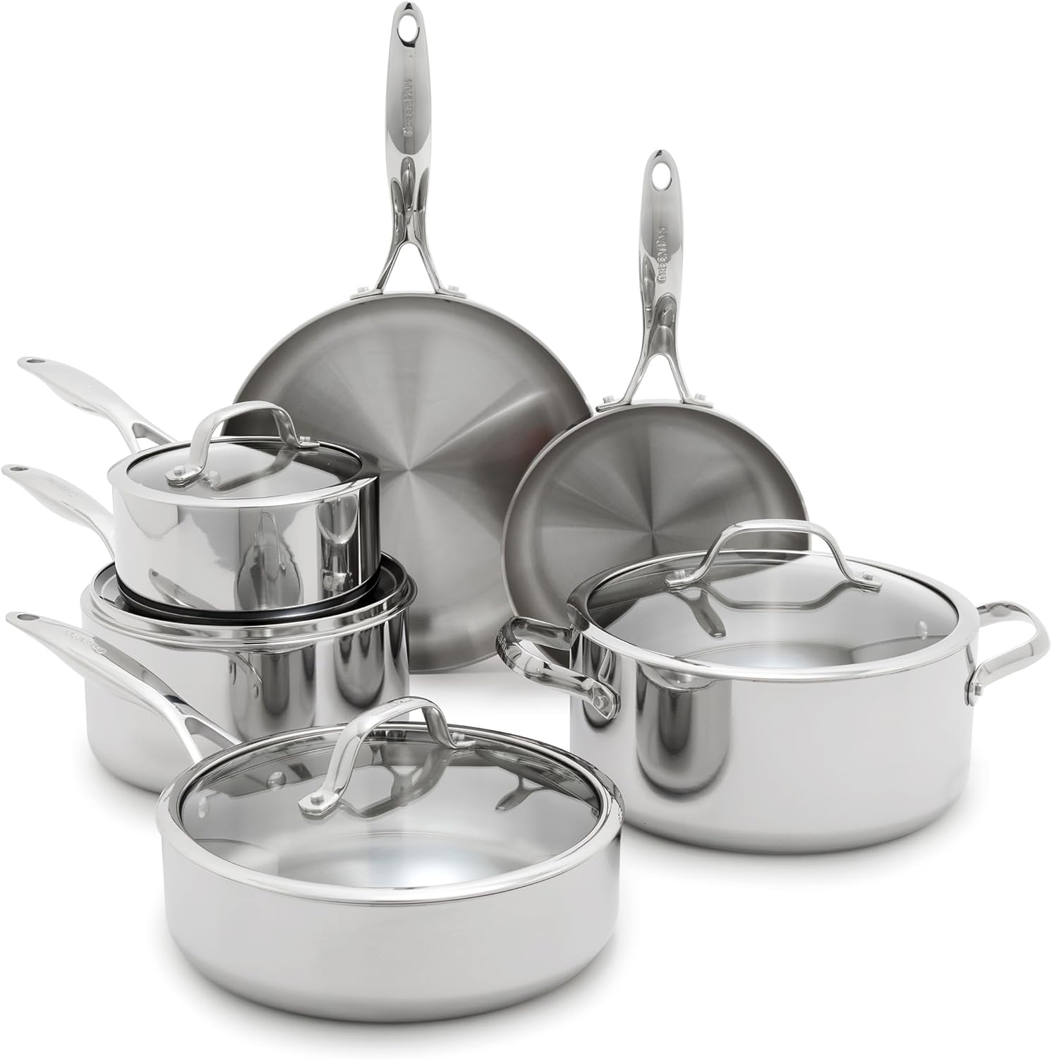 GreenPan Valencia Pro Tri-Ply Stainless Steel 10 Piece Cookware Set, Induction Ready Pots & Pans, Mirror Finish, Dishwasher & Oven/Broiler Safe to 600F, Compatible with All Cooktops