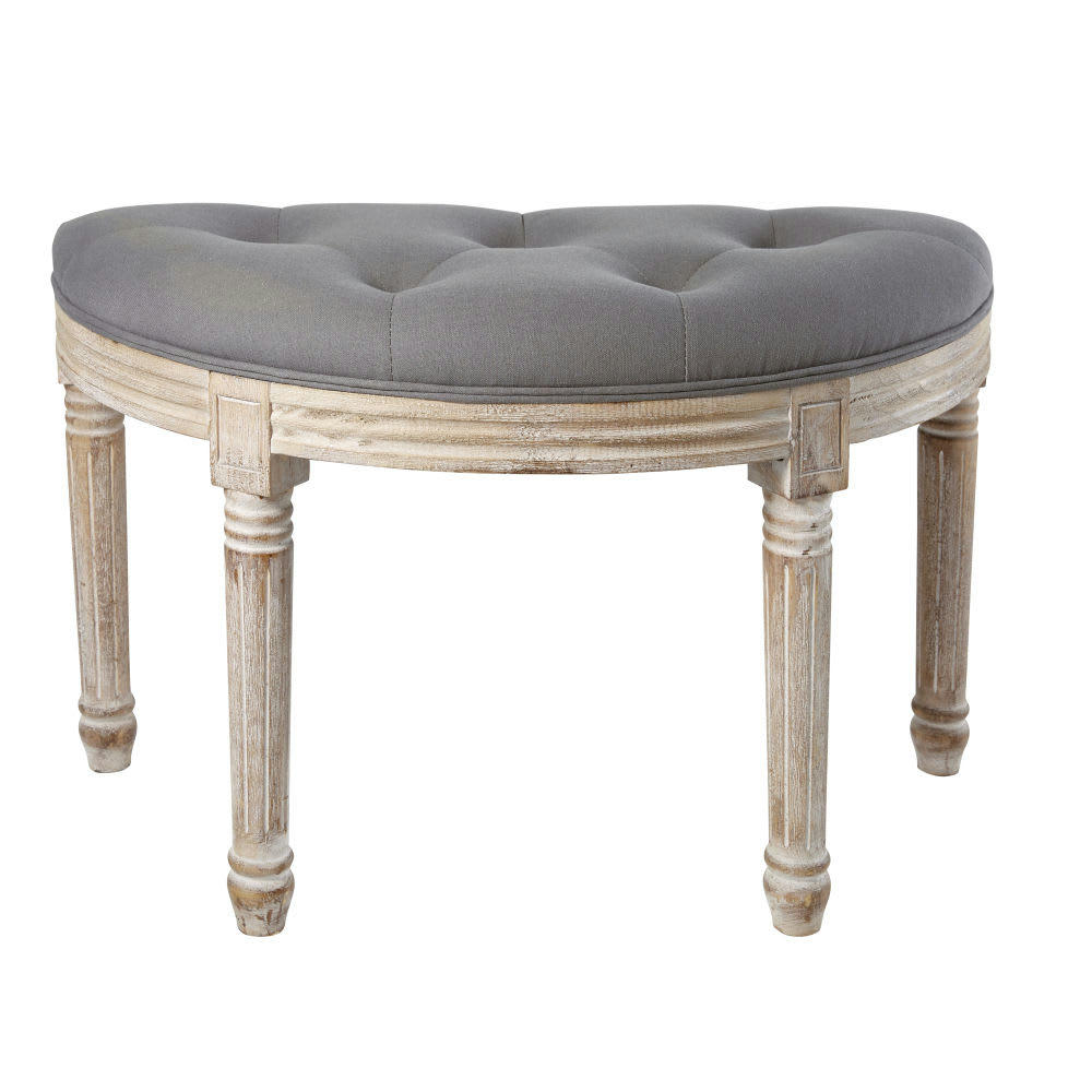 - Tabouret arrondi matelassé en bois d'hévéa, coton et lin gris