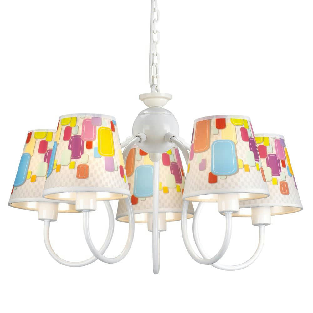 CARAMELOS - Lustre enfant 5 lumières blanc et abat-jour multicolores de bonbons