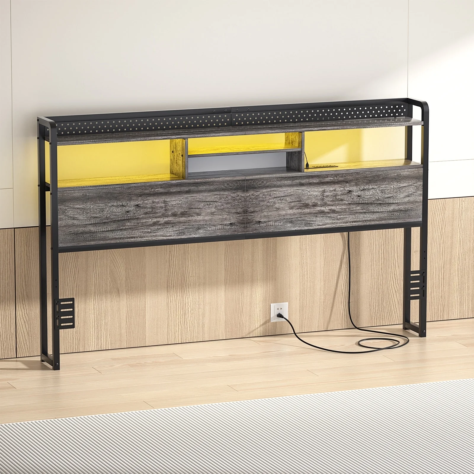 Bed Headboard with Storage Shelf and Charge Station, Height Adjustable Headboard with LED Light