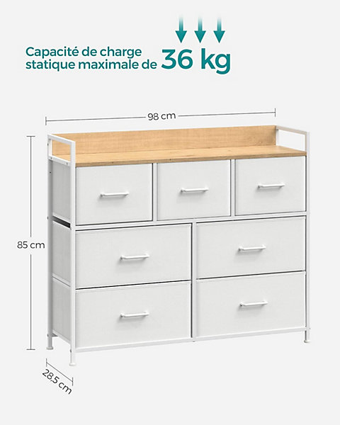 Commode Moderne 7 Tiroirs en Tissu avec Poignées, Meuble de Rangement, , Cadre en Métal, Blanc/Beige