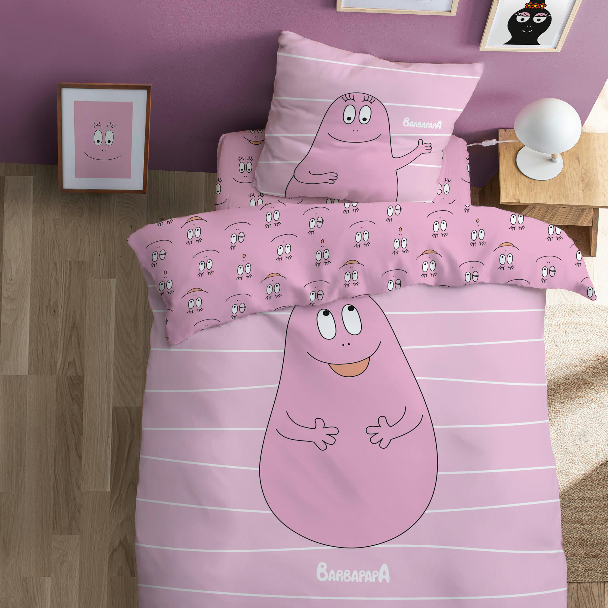 BARBAPAPA PINK - Parure de lit imprimée en coton Rose 140x200+63x63cm