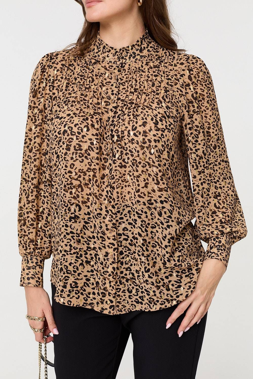 Izabel London Animal Print High Neck Loose Fit Blouse
