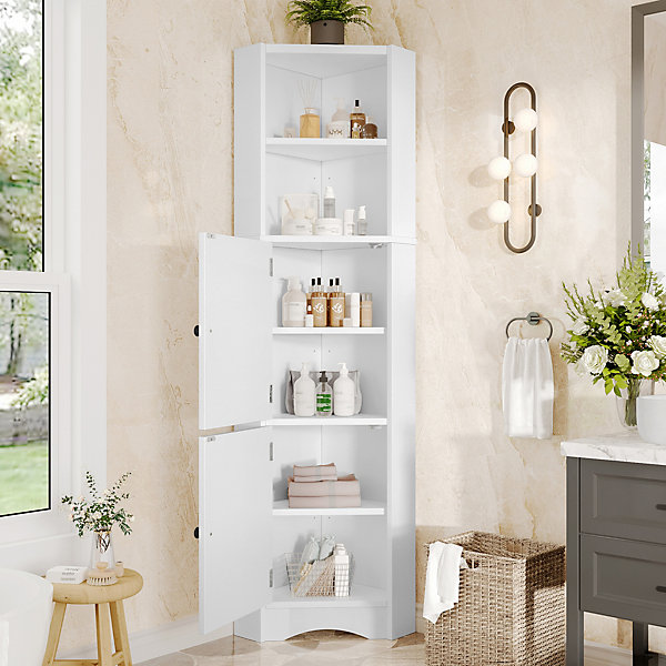 Meuble triangulaire salle de bain blanc laqué, 2 étagères ouvertes, 2 portes avec séparateurs réglables, design simple