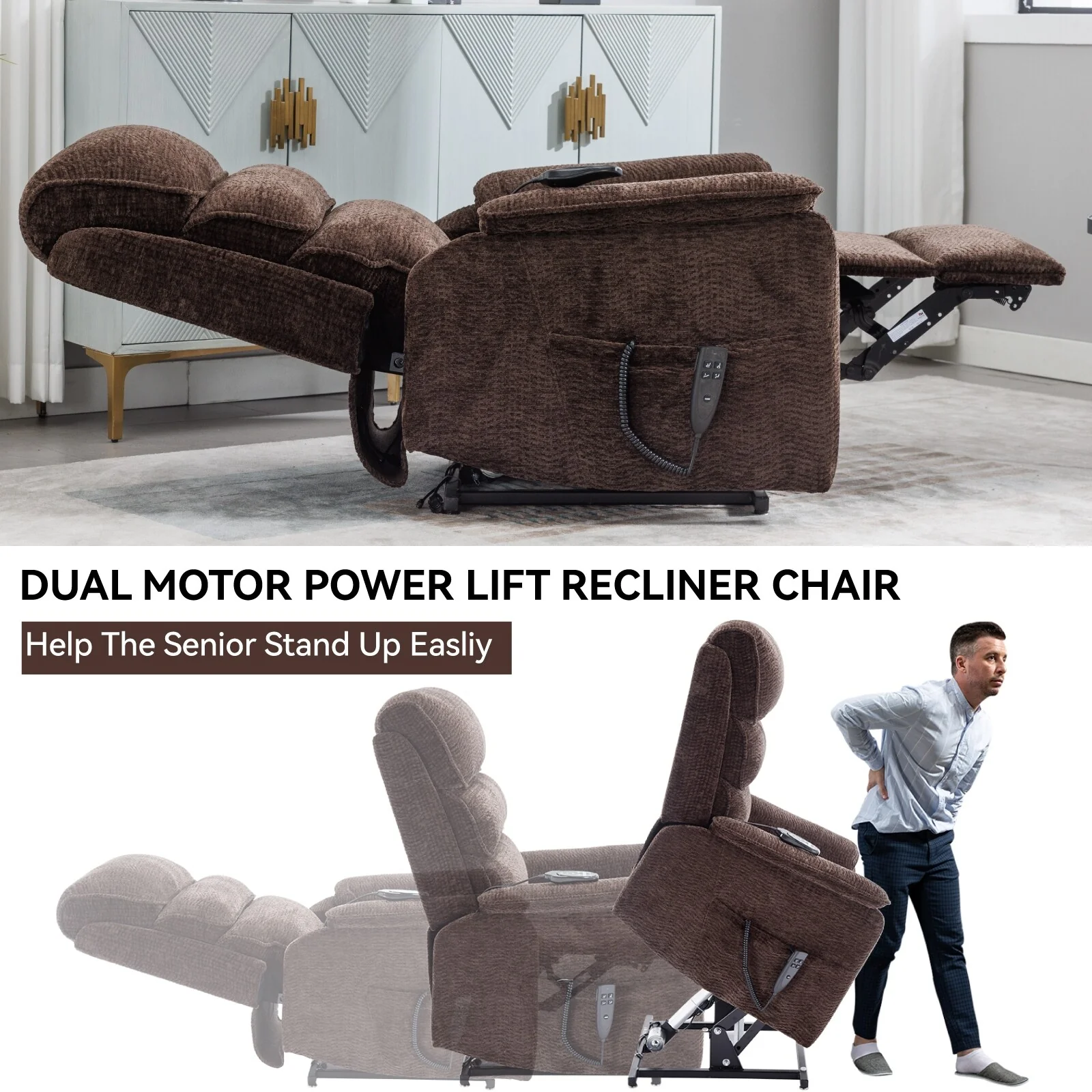 Dual Motor Power Lift Recliner Chair with Massage and Lumbar Heat - Chenille Fabric, Electric Recline