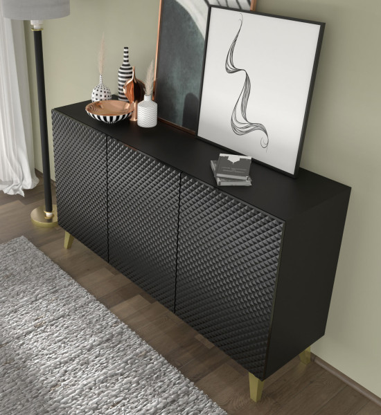 Komoda Ravenna C 150 cm 3D frez czarny połysk   nogi złote FPZL