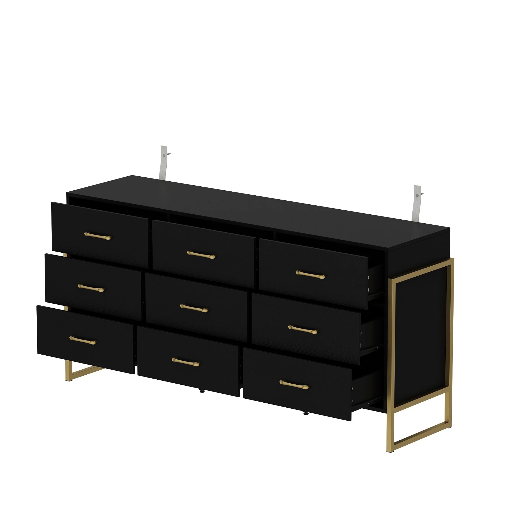 Elegant 9-Drawer Dresser with Gold Accents - Black Stripe Finish Chest