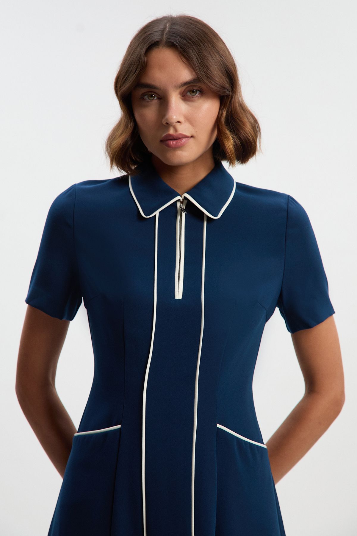 KarenMillen Petite Tailored Crepe Tipped Tailored Midi Shirt Dress
