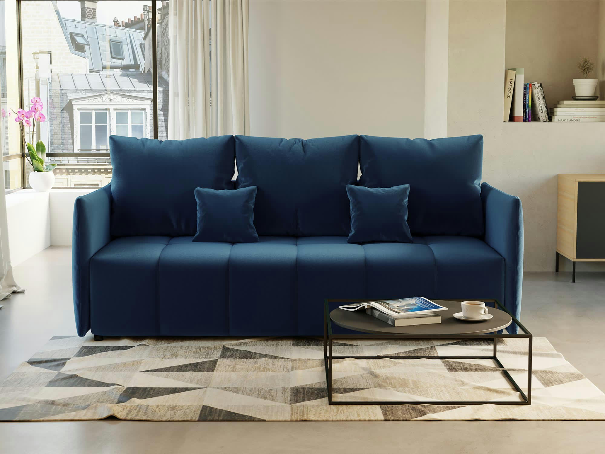 PETRA - Canapé droit convertible 3 places en velours bleu nuit