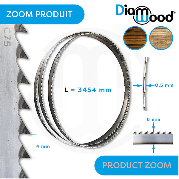 Lame de Scie à Ruban Bois PAE Réaffûtable 3454 x 6 x 0,5 x 4 mm - Acier C75 - Diamwood