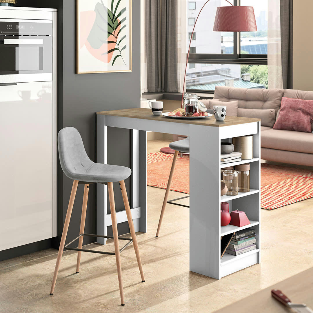 COCOON - Table bar effet bois blanc et chêne naturel - gris clair