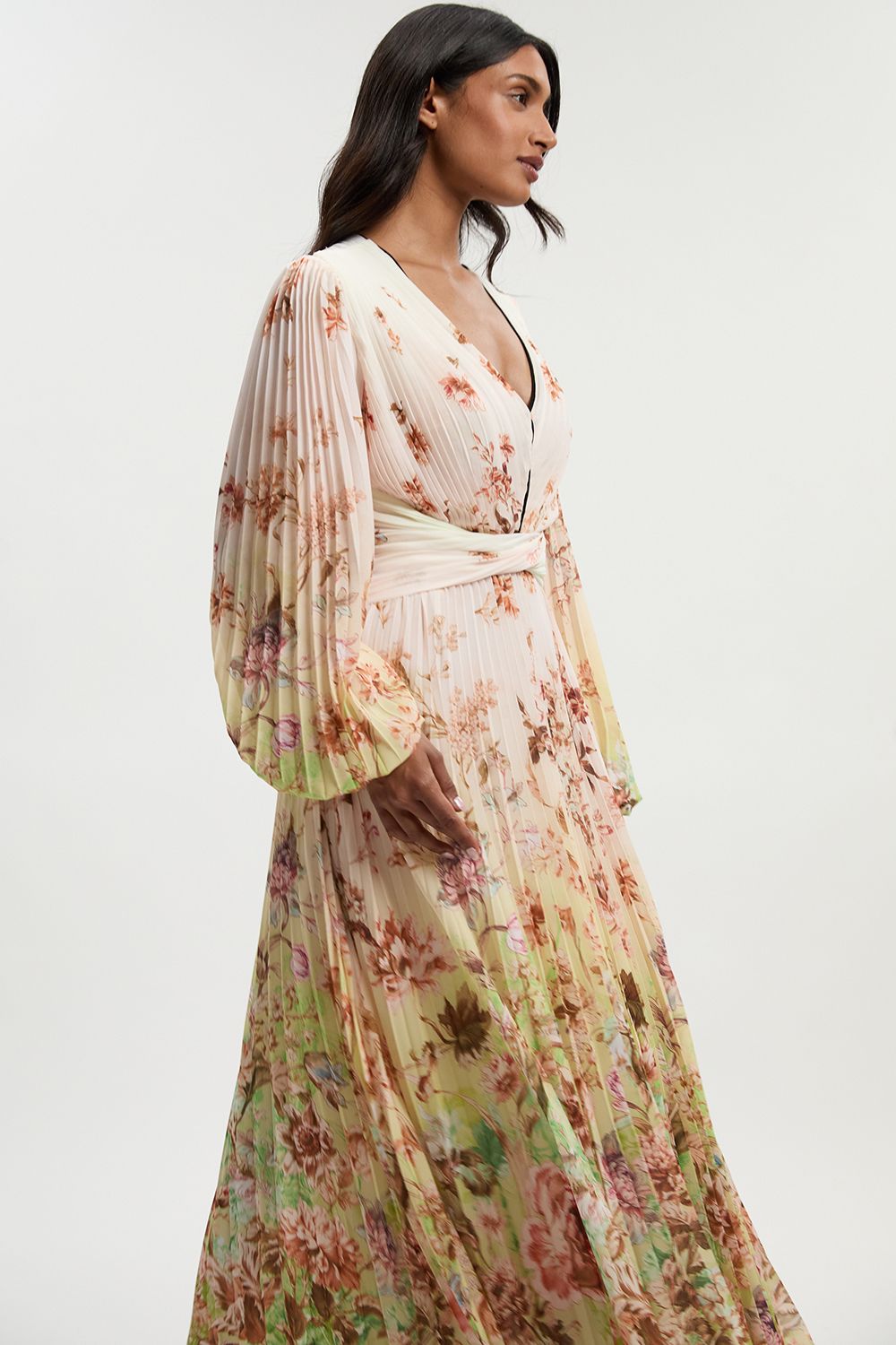 KarenMillen Scattered Floral Balloon Sleeve Pleated Crinkle Cut Out Woven Maxi Dress