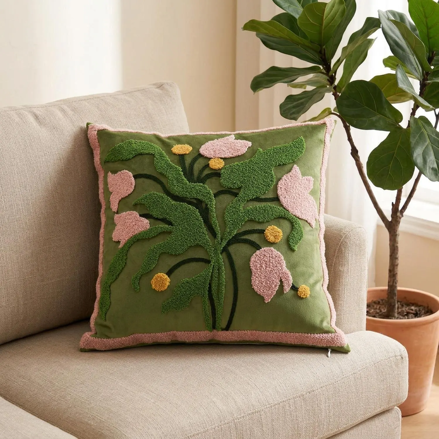 Textured Floral Pillow Cover, Tufted Botanical Cushion, Pink and Green Velvet Embroidered Throw Case, Elegant Boho Home Decor, 45x45
