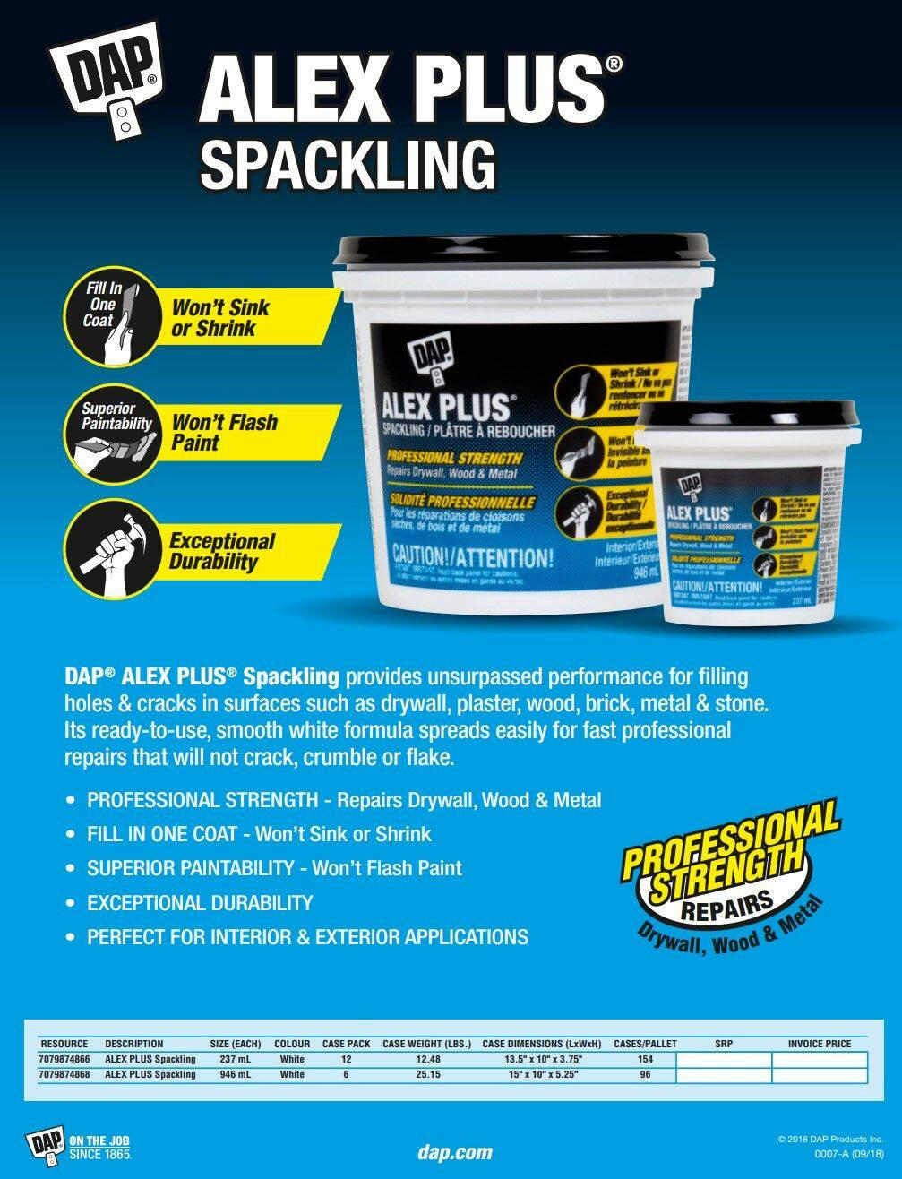 DAP Alex Plus Professional Strength Spackling Tub, 237-ml