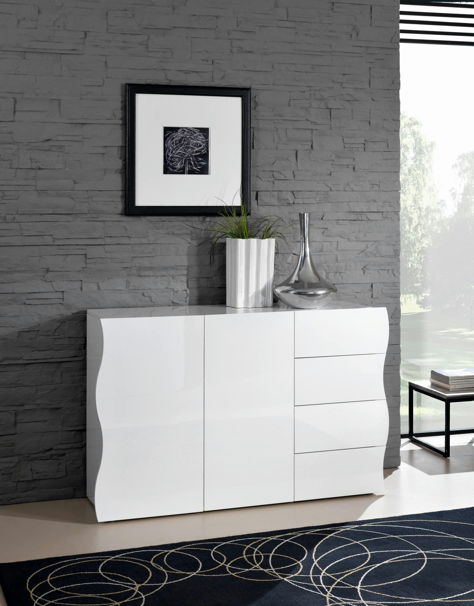- Buffet ondulé effet bois blanc brillant