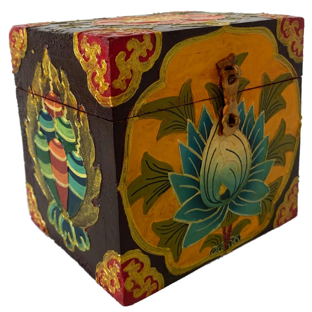 FLEUR - Petit coffret tibétain fleuri peint à la main H11cm