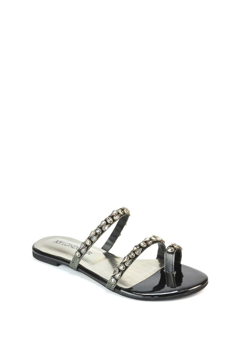 XY London Sammie' Flat Strappy Sparkly Crystal Slider Mule Sandal Shoes With Toe Post